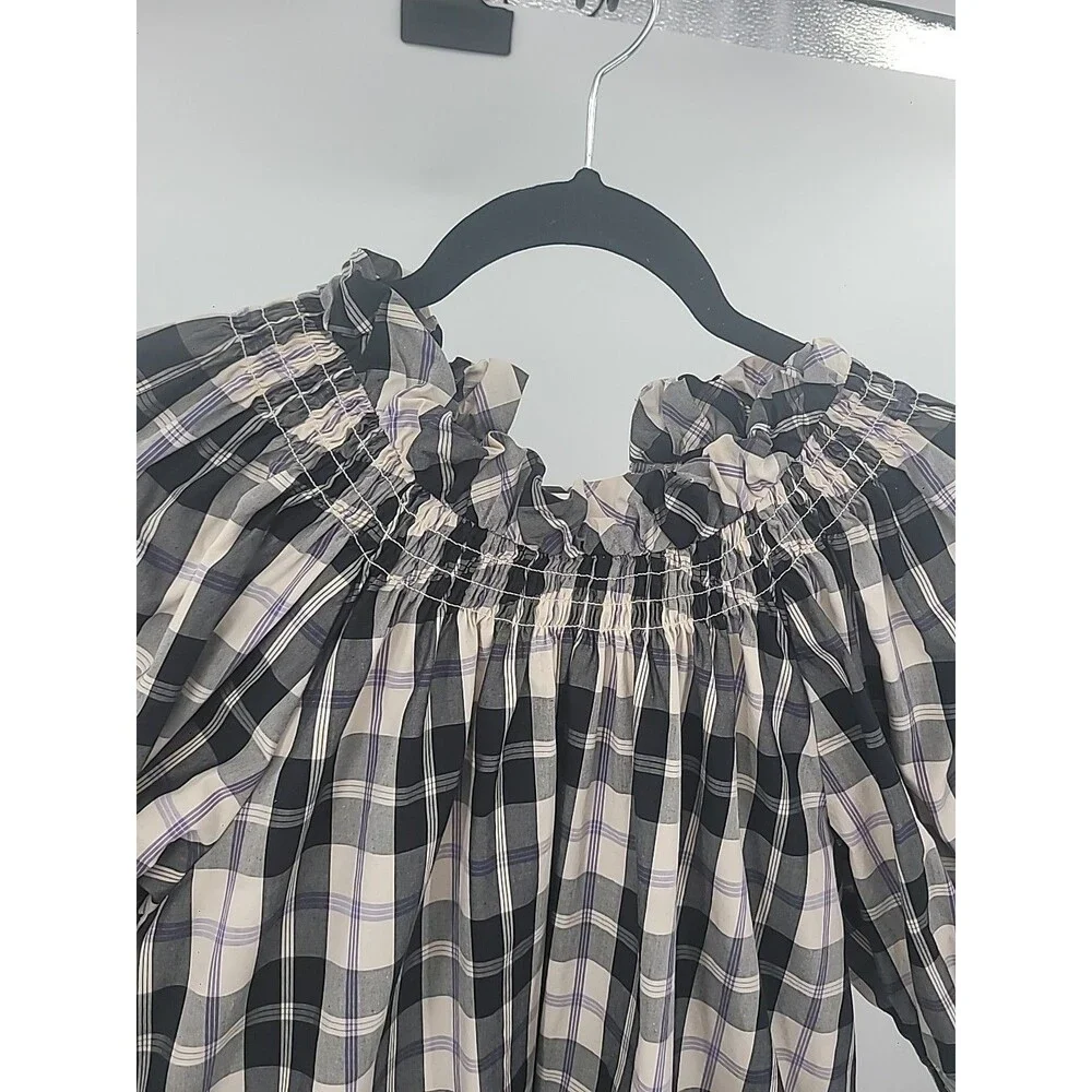 J Crew Smocked Neck Puff Sleeve Top In Friday Plaid Sz S Preppy Office Work